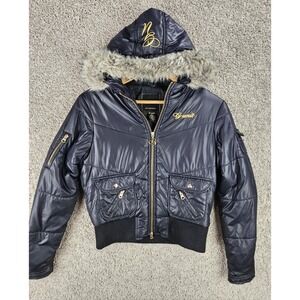 Vintage G Unit 50 Cent Y2K Puffer Jacket Faux Fur Hood Hip Hop Women's Small
